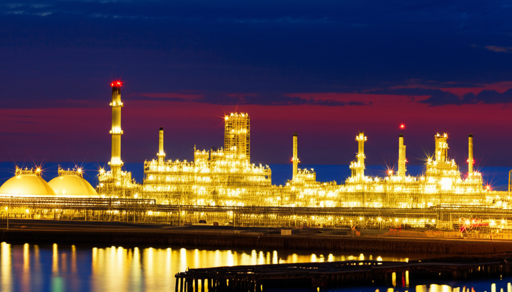 Illuminated LNG facility at night